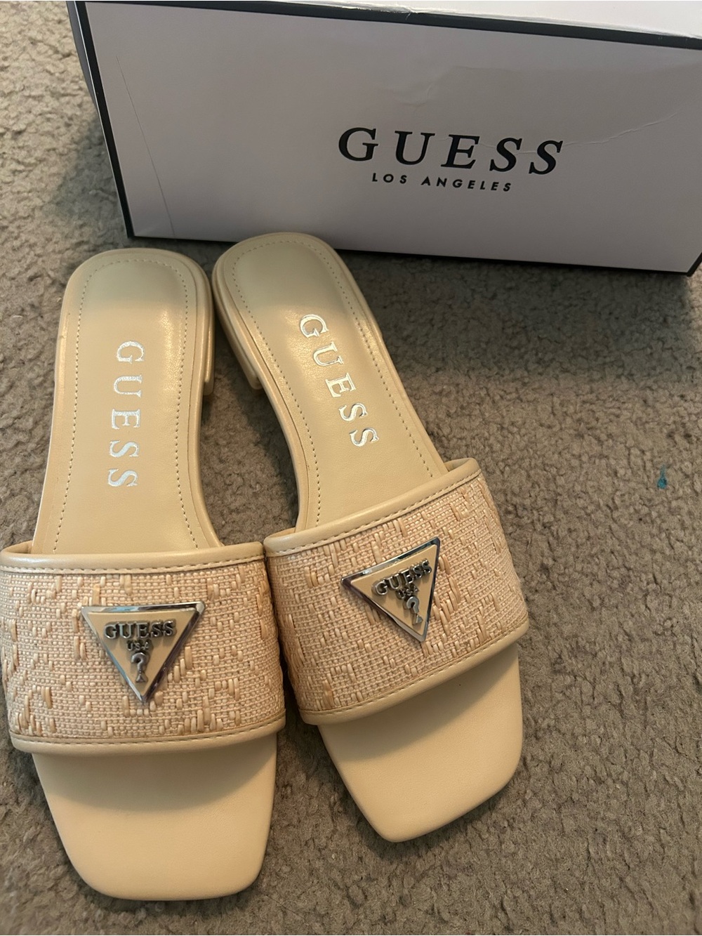 GUESS Cream Woven-Detail Slide Sandals with Logo